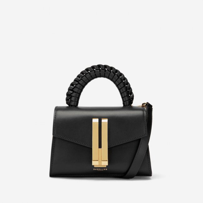 Demellier | The Nano Montreal | Black Smooth With Braided Handle | Canada Outlet