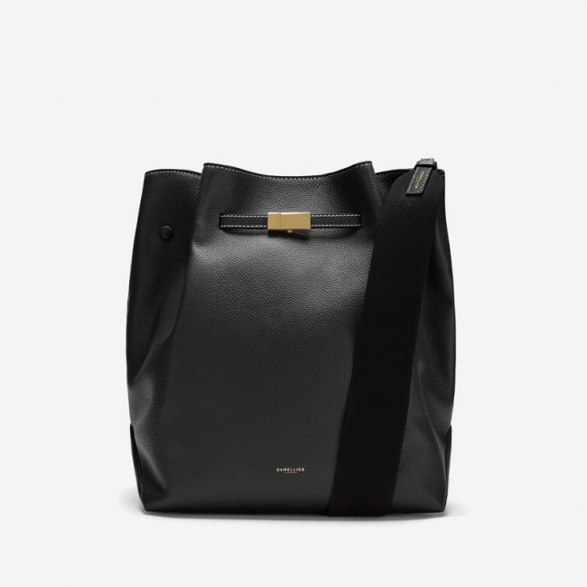 Demellier | The New York Large Bucket | Black Small Grain Ecru Stitching | Canada Outlet