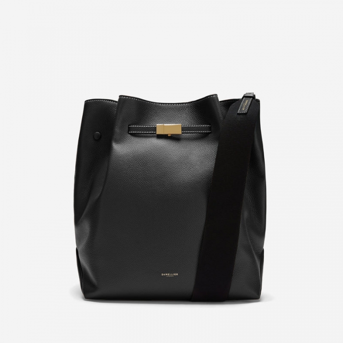 Demellier | The New York Large Bucket | Black Small Grain Ecru Stitching | Canada Outlet