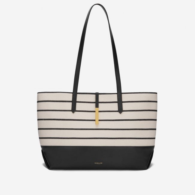 Demellier | The Tokyo Tote | Black Striped Ecru Canvas | Canada Outlet
