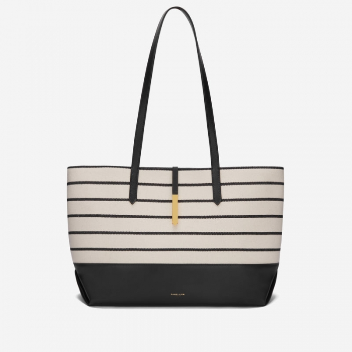 Demellier | The Tokyo Tote | Black Striped Ecru Canvas | Canada Outlet