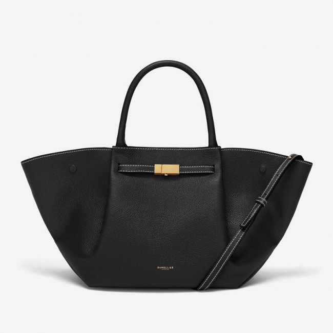 Demellier | The Midi New York | Black Small Grain Ecru Stitching | Canada Outlet