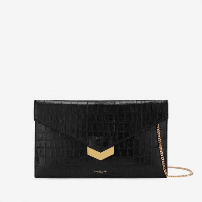 Demellier | The London Clutch | Black Croc-Effect | Canada Outlet