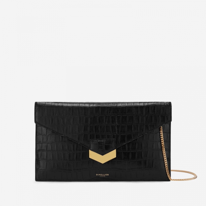 Demellier | The London Clutch | Black Croc-Effect | Canada Outlet