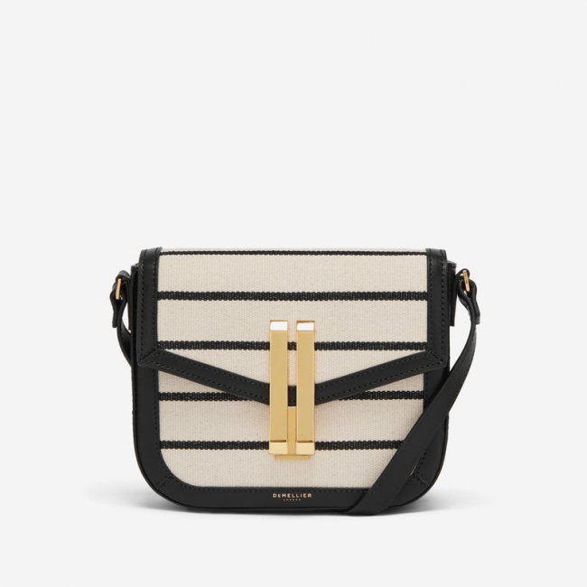 Demellier | The Small Vancouver | Black Striped Ecru Canvas | Canada Outlet