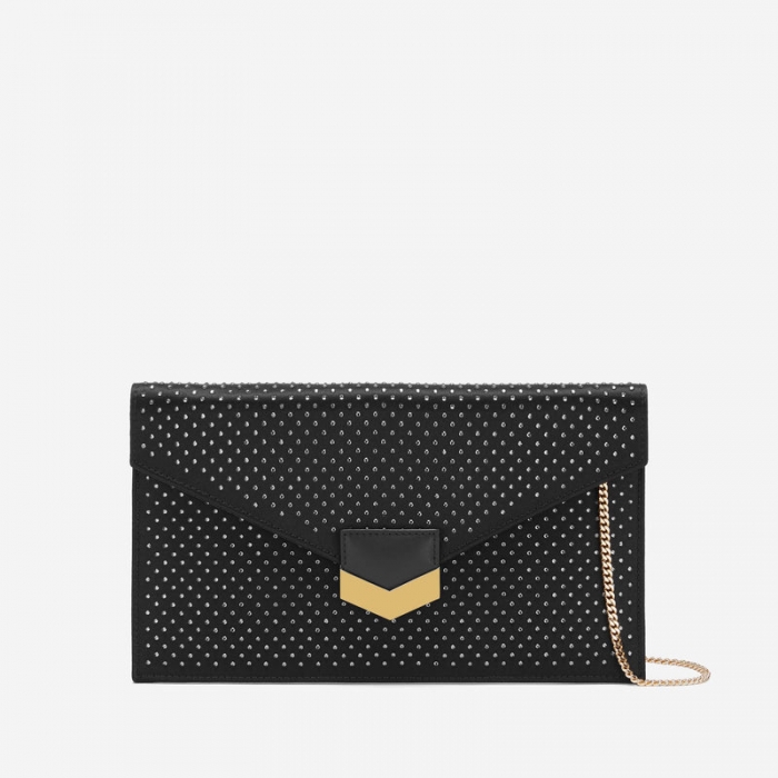 Demellier | The London Clutch | Black Satin Grey Embellished | Canada Outlet