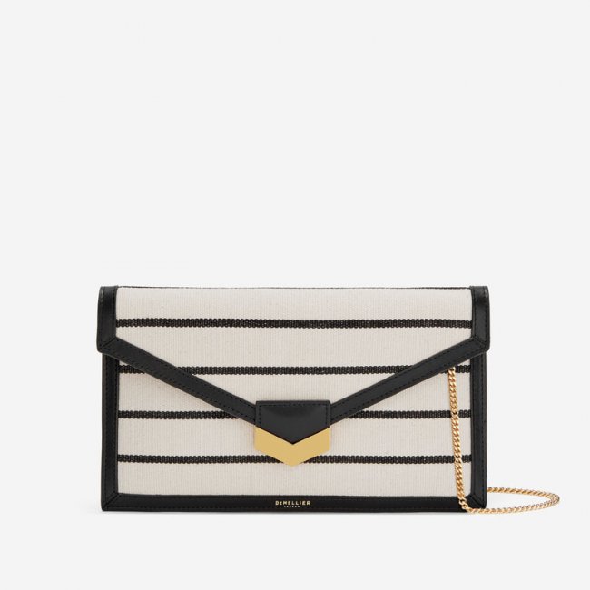 Demellier | The London Clutch | Black Striped Ecru Canvas | Canada Outlet