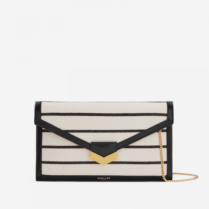 Demellier | The London Clutch | Black Striped Ecru Canvas | Canada Outlet