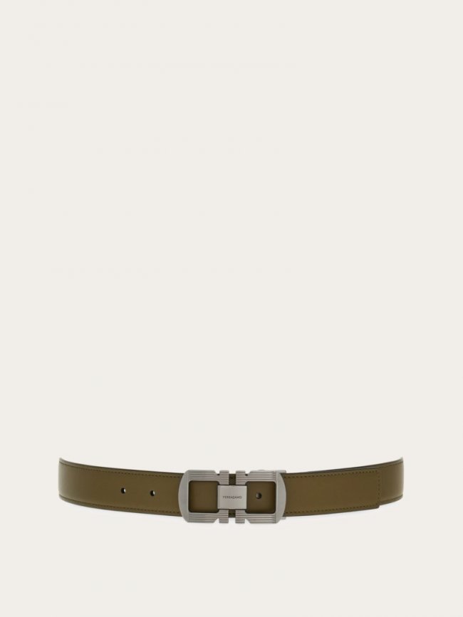 Ferragamo Men's Reversible And Adjustable Gancini Belt - Olive Green/Black | Quick Ship!