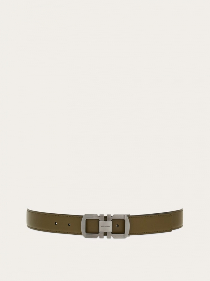 Ferragamo Men's Reversible And Adjustable Gancini Belt - Olive Green/Black | Quick Ship!