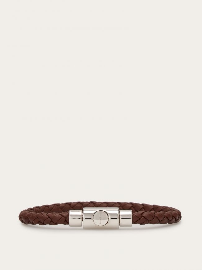 Ferragamo Men's Braided Leather Bracelet - Brown (Size 19) | Quick Ship!