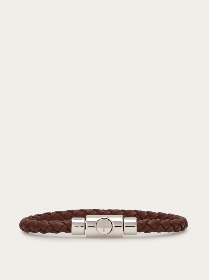 Ferragamo Men's Braided Leather Bracelet - Brown (Size 19) | Quick Ship!