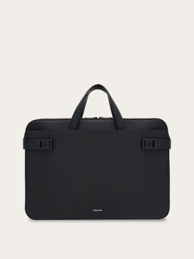 Ferragamo Men's Business Bag With Gancini Buckles - Black | Quick Ship!