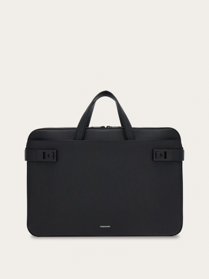 Ferragamo Men's Business Bag With Gancini Buckles - Black | Quick Ship!