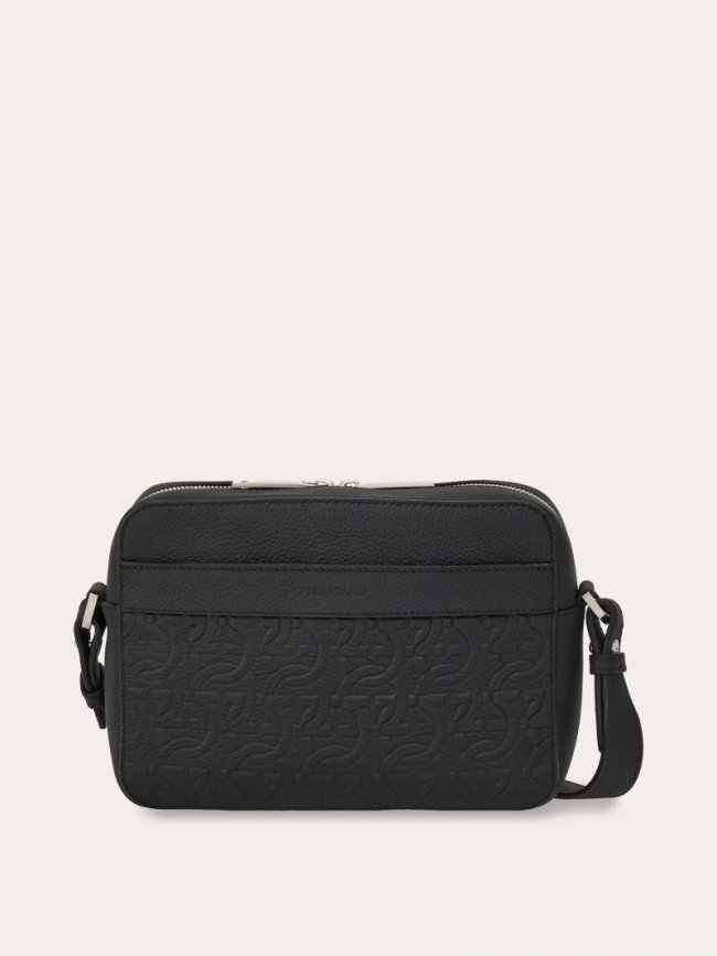 Ferragamo Men's Embossed Gancini Crossbody Bag - Black | Quick Ship!