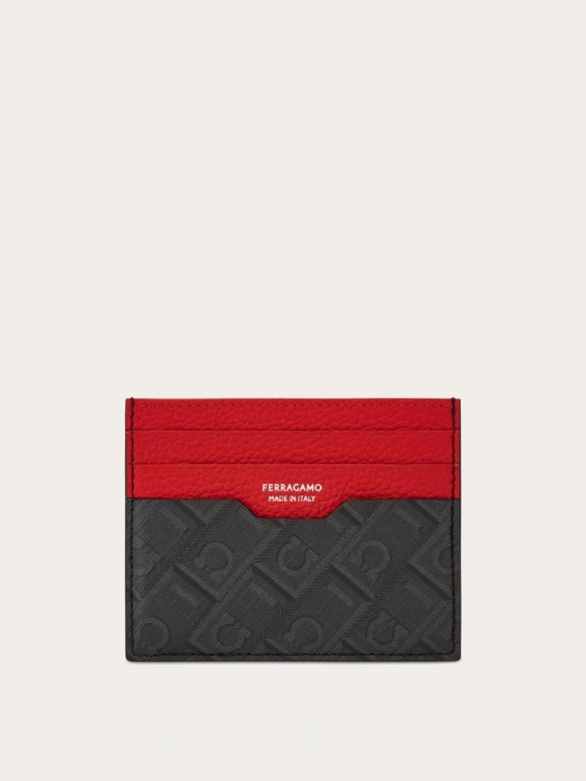 Ferragamo Men's Credit Card Holder - Black/Grey/Flame Red | Quick Ship!