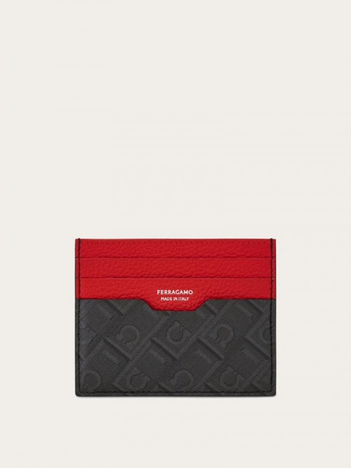 Ferragamo Men's Credit Card Holder - Black/Grey/Flame Red | Quick Ship!