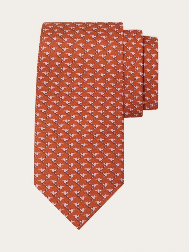 Ferragamo Men's Hummingbird Print Silk Tie - Brick | Quick Ship!
