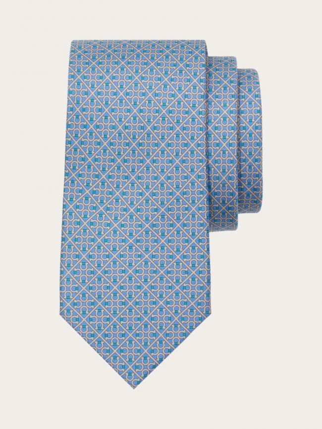 Ferragamo Men's Square Gancini Print Silk Tie - Light Blue | Quick Ship!