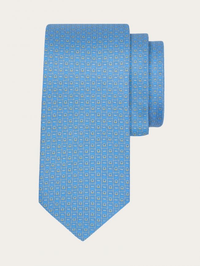 Ferragamo Men's Monogram Print Silk Tie - Light Blue | Quick Ship!