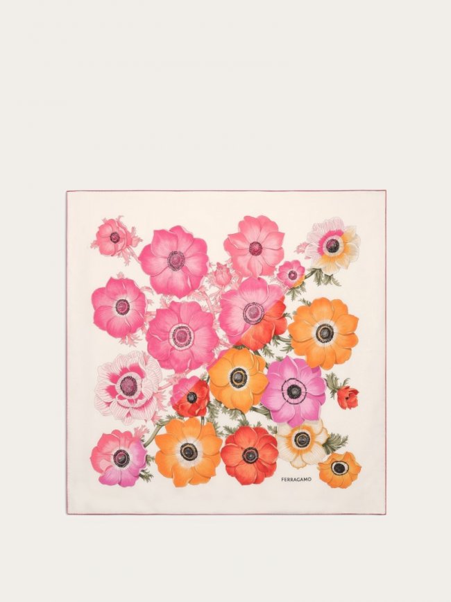 Ferragamo Women's Anemone Print Silk Foulard - Ivory/Pink/Orange | Quick Ship!