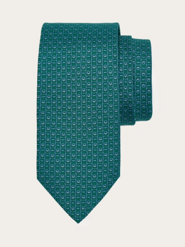 Ferragamo Men's Monogram Print Silk Tie - Green/Light Blue | Quick Ship!