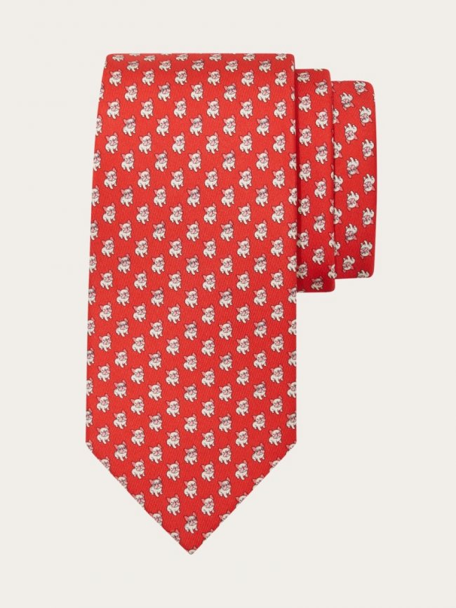 Ferragamo Men's Bulldog Print Silk Tie - Red | Quick Ship!