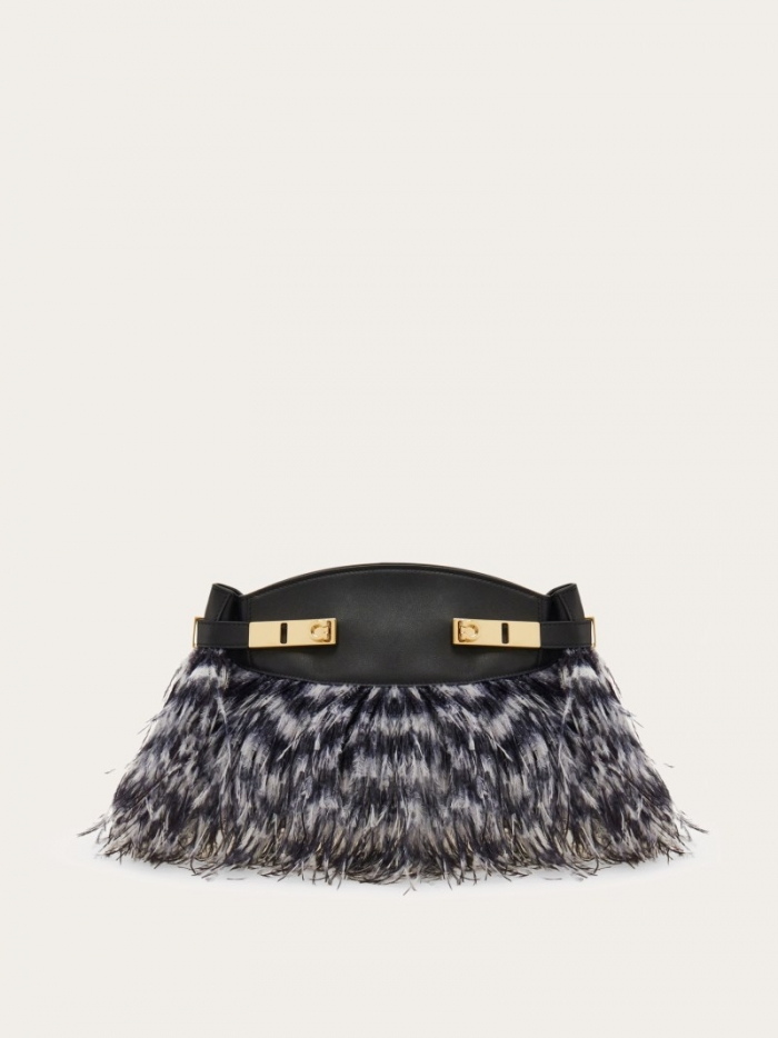 Ferragamo Women's Hug Soft Crossbody Bag With Feathers - White/Black | Quick Ship!