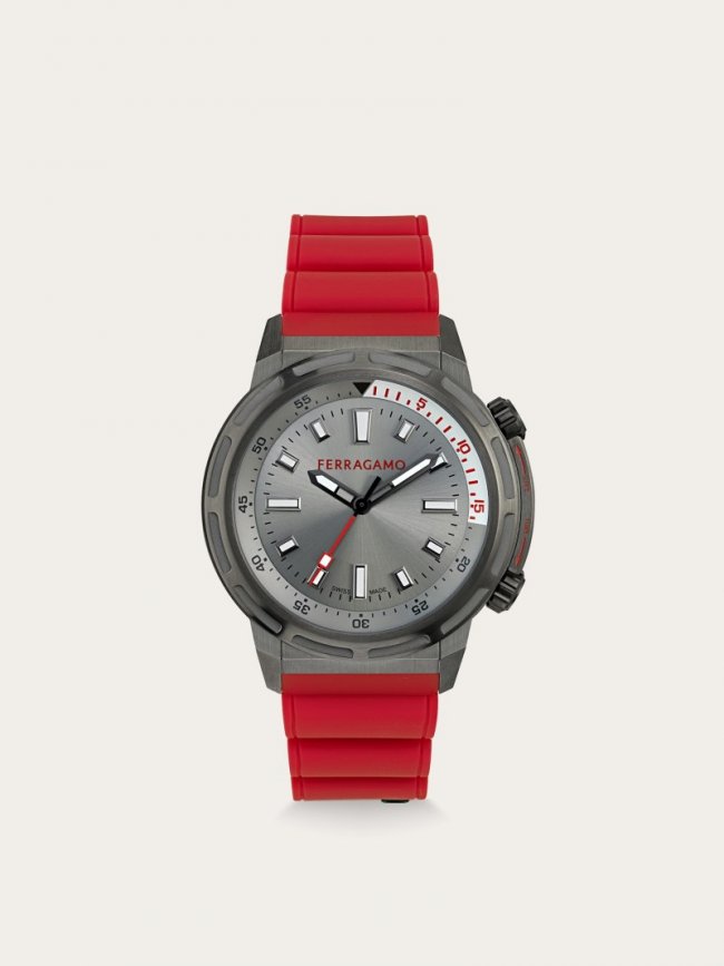 Ferragamo Men's Sport Watch - Stainless Steel And Ip Gun/Red | Quick Ship!