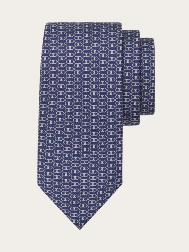 Ferragamo Men's Gancini Print Silk Tie - Navy Blue | Quick Ship!