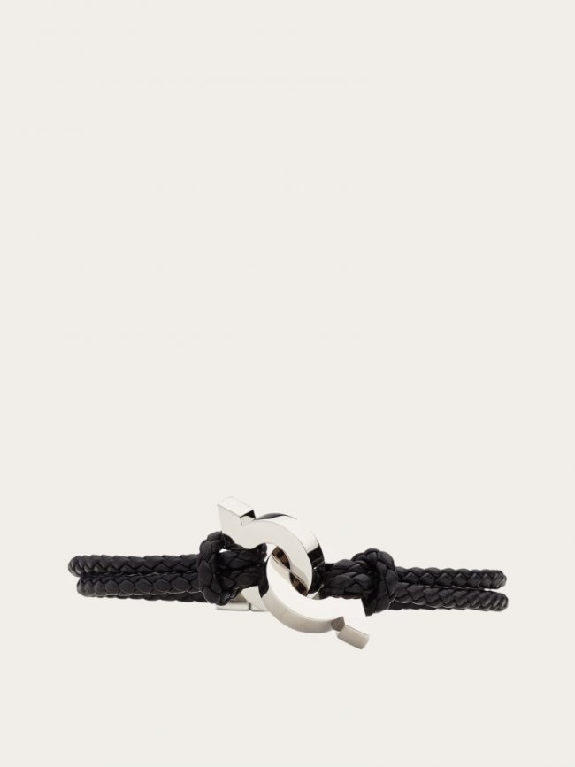 Ferragamo Men's Bracelet With Intertwined Gancini - Black (Size 19) | Quick Ship!