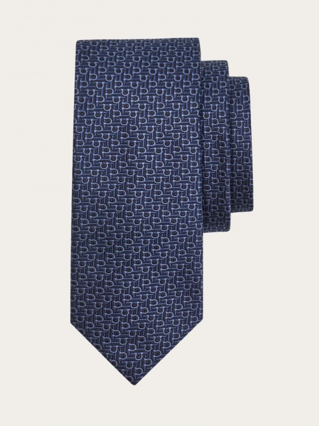 Ferragamo Men's Jacquard Tie With Diagonal Gancini - Navy Blue | Quick Ship!