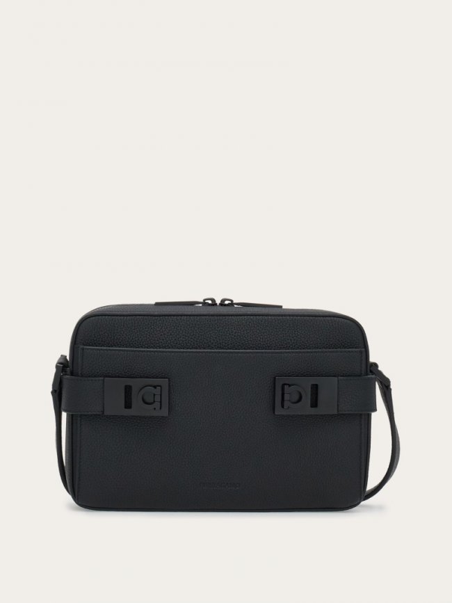 Ferragamo Men's Shoulder Bag With Gancini Buckles - Black | Quick Ship!