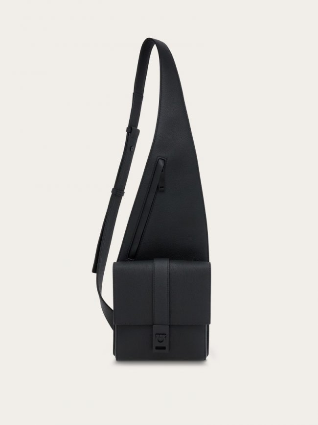 Ferragamo Men's Asymmetric Shoulder Bag With Gancini Buckles - Black | Quick Ship!