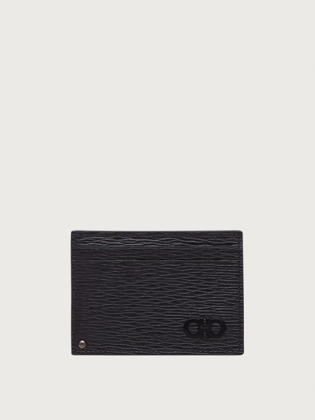 Ferragamo Men's Gancini Card Holder With Pull-Out Id Window - Black/Dark Rain | Quick Ship!