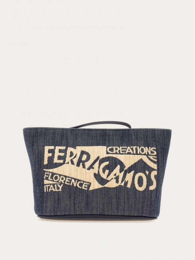 Ferragamo Women's Pouch With Logo - Natural/Denim | Quick Ship!