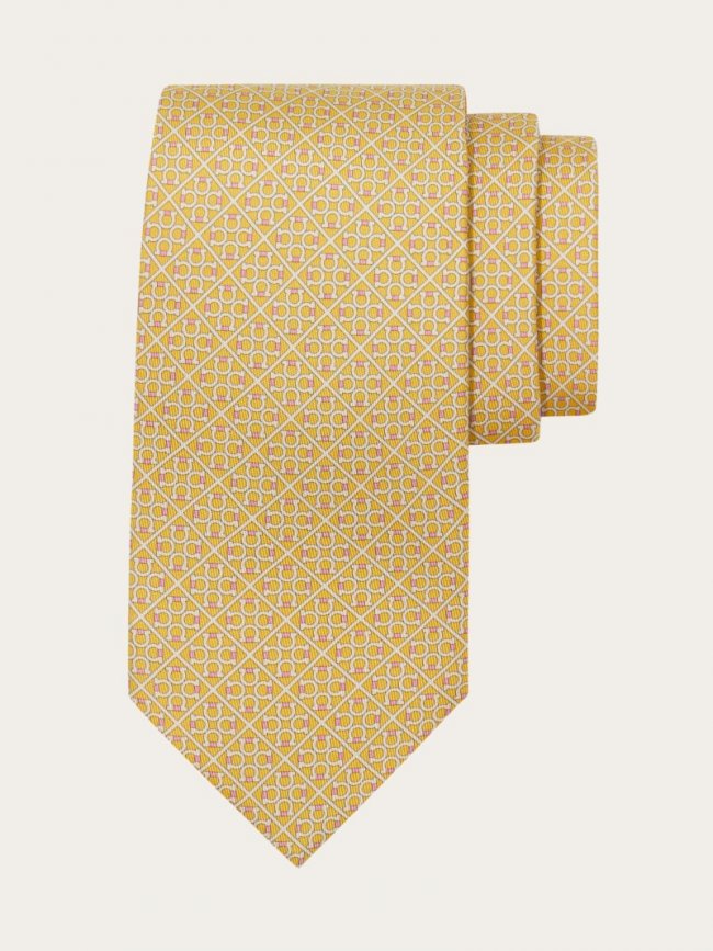 Ferragamo Men's Square Gancini Print Silk Tie - Yellow | Quick Ship!