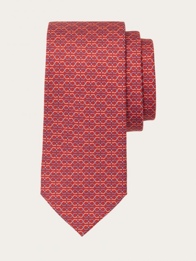 Ferragamo Men's Gancini Print Silk Tie - Red | Quick Ship!