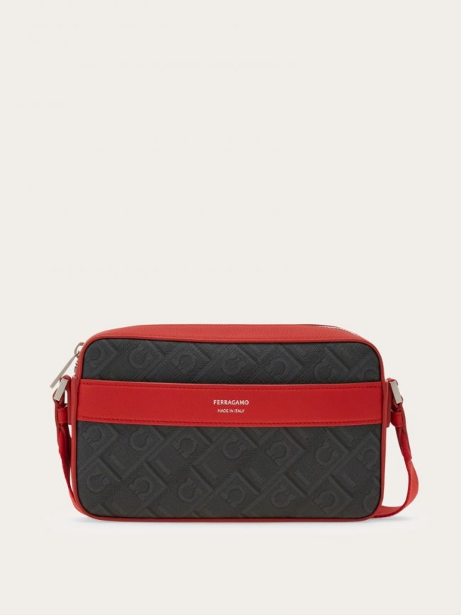 Ferragamo Men's Monogram Crossbody Bag - Black/Grey/Flame Red | Quick Ship!
