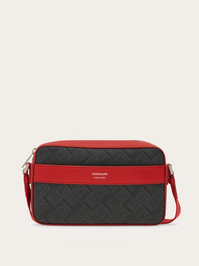 Ferragamo Men's Monogram Crossbody Bag - Black/Grey/Flame Red | Quick Ship!