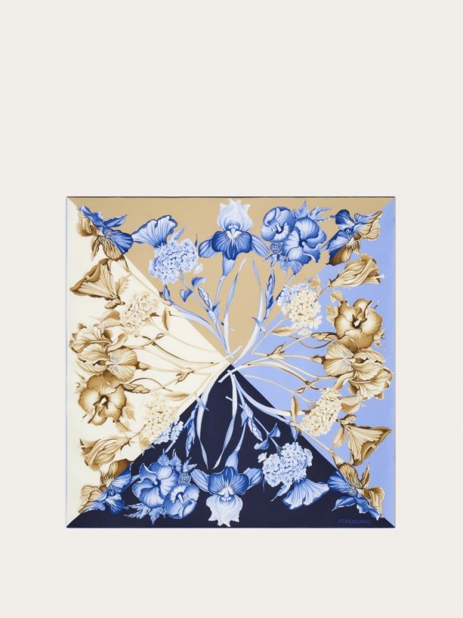 Ferragamo Women's Hydrangea Print Silk Scarf - Navy Blue/Stone | Quick Ship!