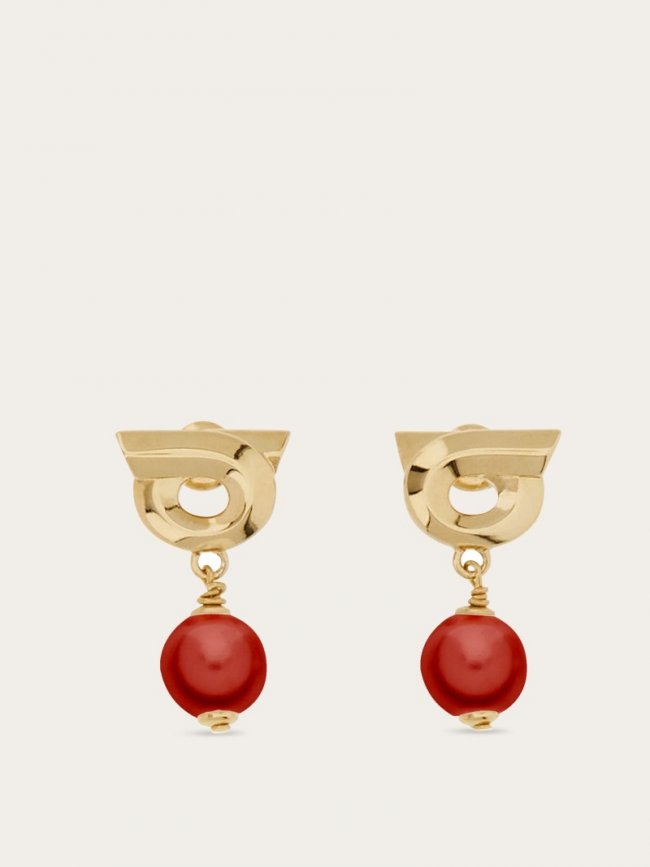 Ferragamo Women's Gancini Earrings With Glass Pearl - Gold/Red | Quick Ship!