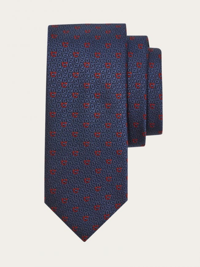 Ferragamo Men's Gancini Jacquard Tie - Navy Blue/Red | Quick Ship!