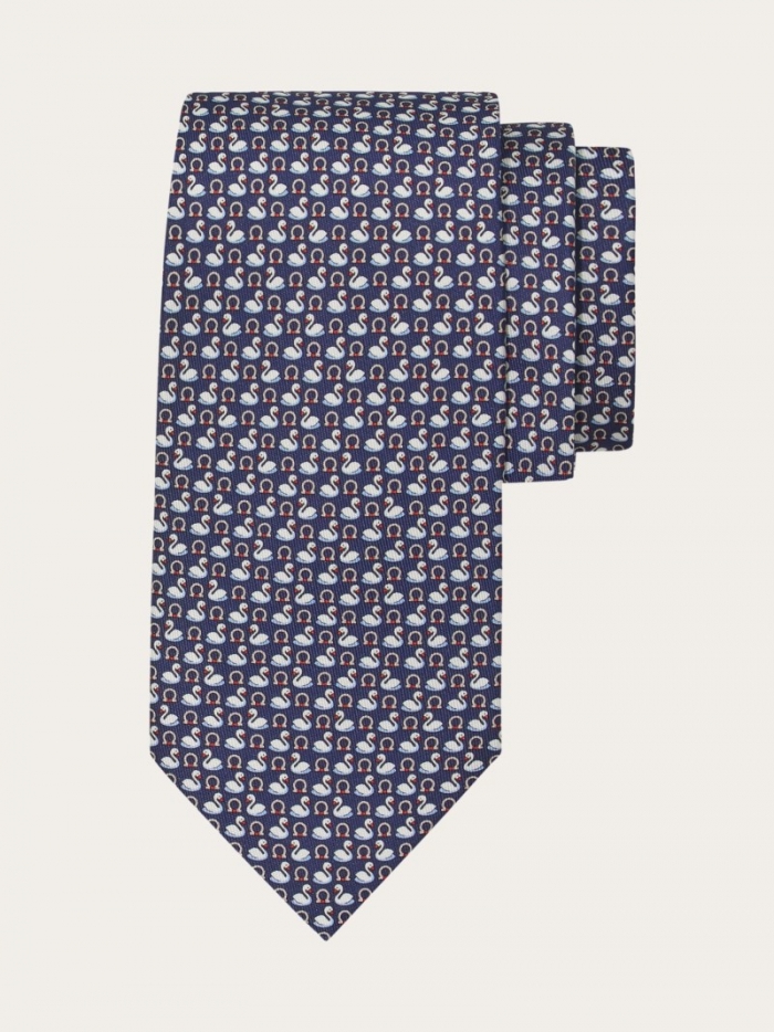 Ferragamo Men's Swan Print Silk Tie - Navy Blue | Quick Ship!
