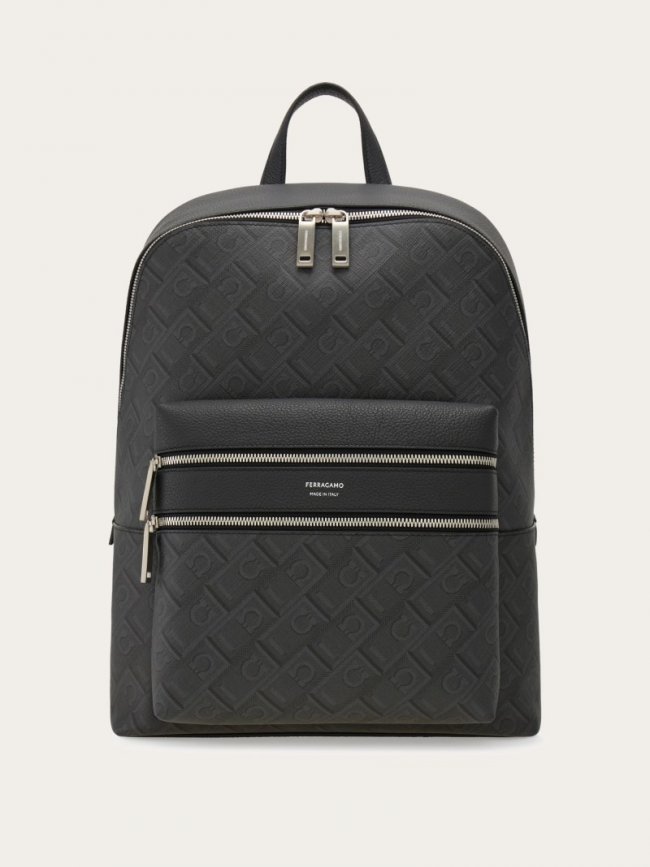 Ferragamo Men's Embossed Backpack - Black/Grey | Quick Ship!