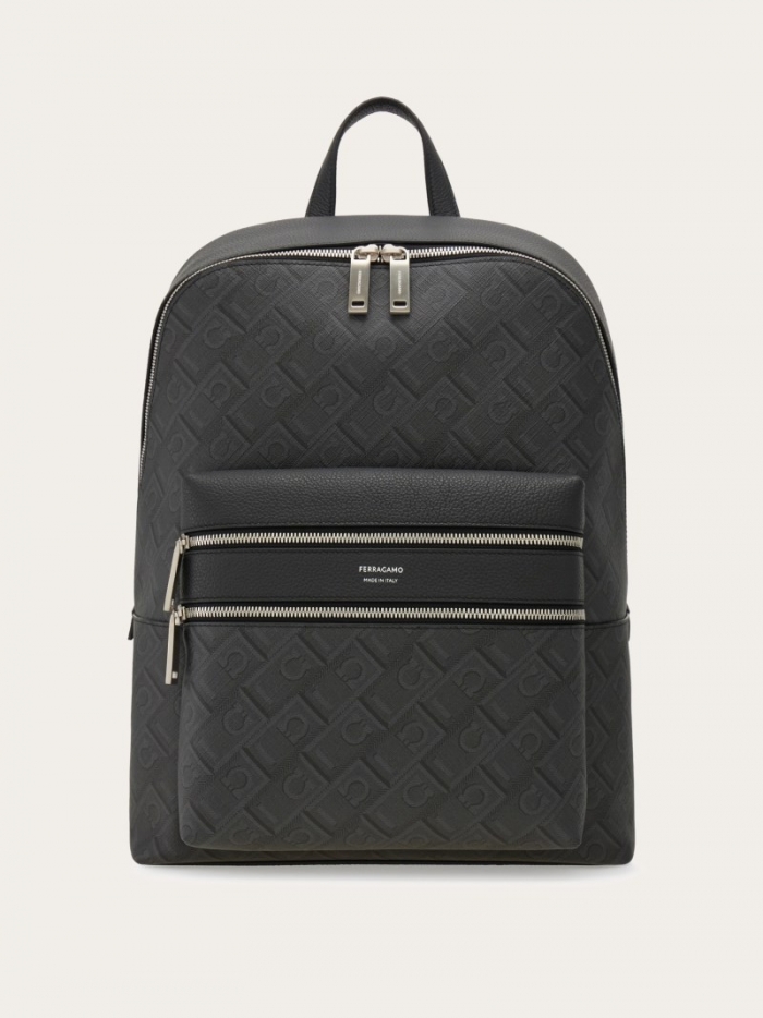 Ferragamo Men's Embossed Backpack - Black/Grey | Quick Ship!