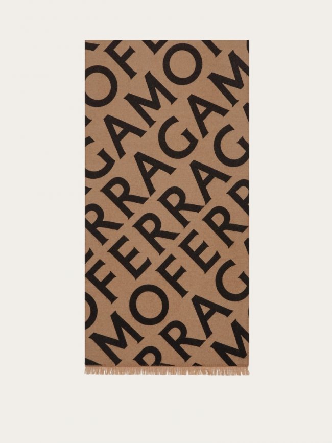 Ferragamo Women's Double Scarf With Lettering - Black/Camel/Beige | Quick Ship!