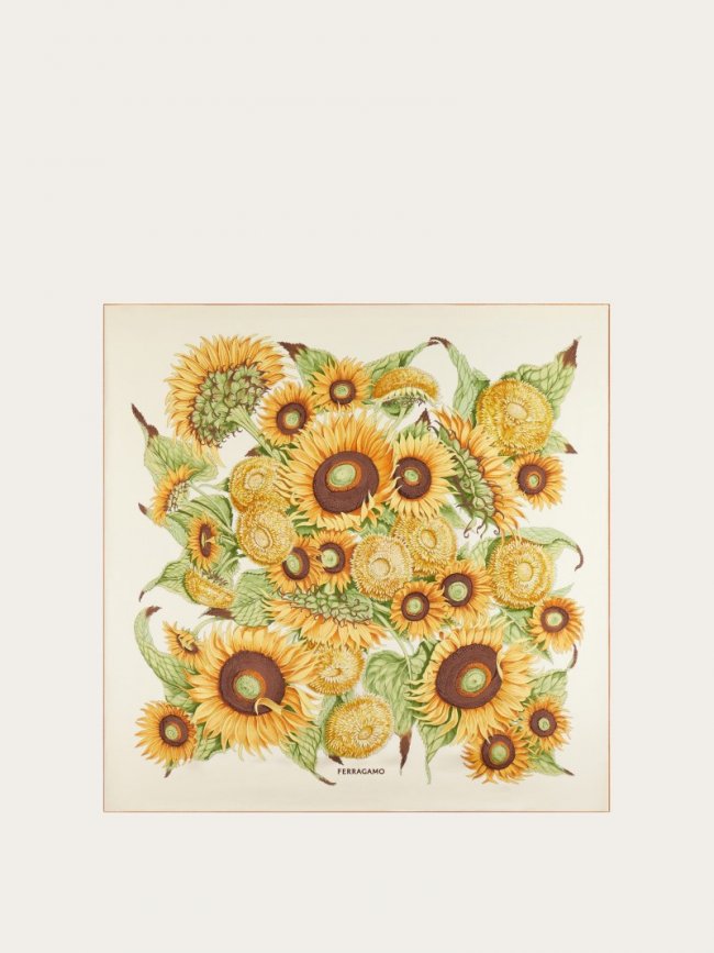 Ferragamo Women's Sunflower Print Silk Scarf - Ivory/Yellow/Fuchsia | Quick Ship!