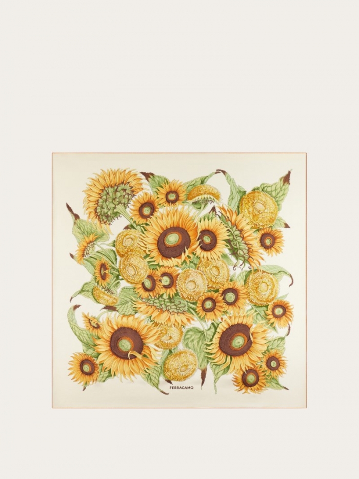 Ferragamo Women's Sunflower Print Silk Scarf - Ivory/Yellow/Fuchsia | Quick Ship!