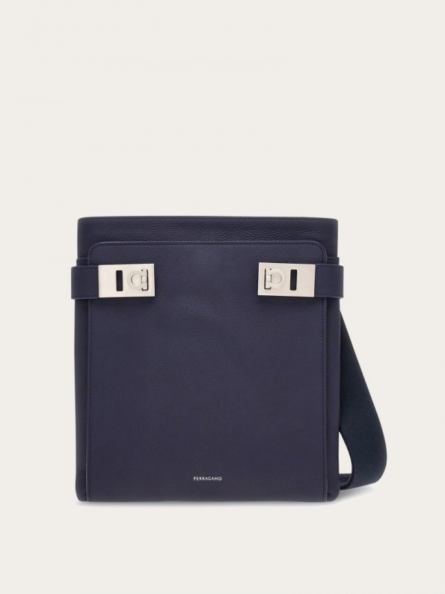 Ferragamo Men's Shoulder Bag With Gancini Buckles - Midnight Blue | Quick Ship!